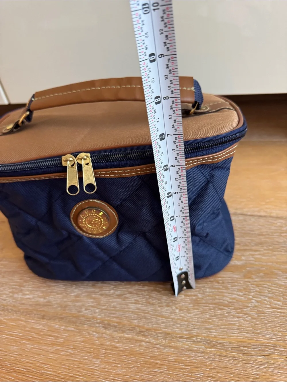 Aude Falbert Navy Quilted Cosmetic Case with Tan Trim and Gold Accents